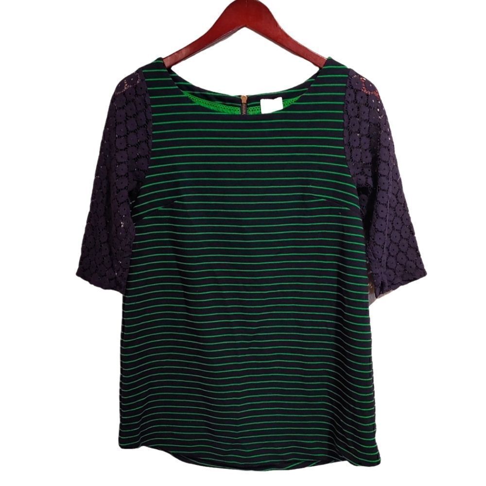Anthropologie Postmark Lace Sleeve Stripe Tunic Top Green Navy Small